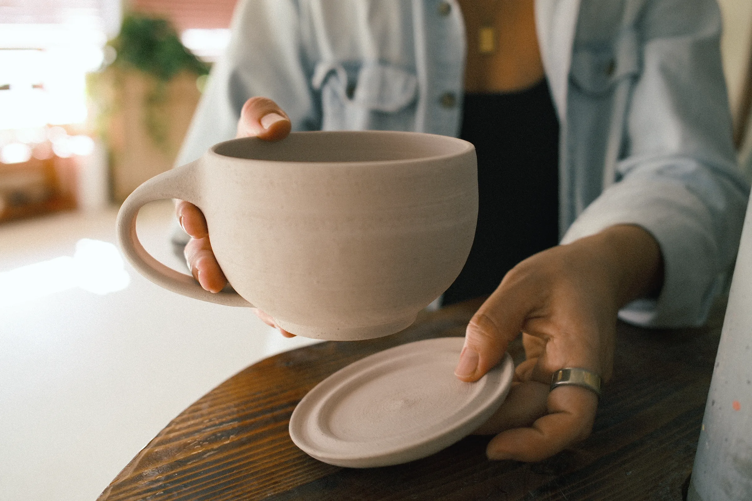 Handmade latte cup and saucer from the Latte Cup & Saucer workshop at Floridian Ceramics in Tampa